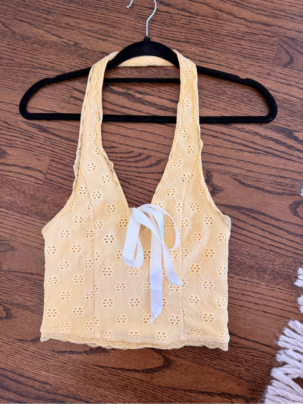 Kimchi Blue Yellow Crochet Halter Tie-Front Crop